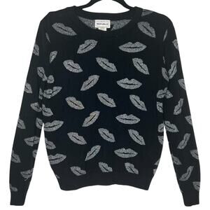 Vintage Y2K For The Republic Black Silver Lips Sweater M Whimsigoth Metallic